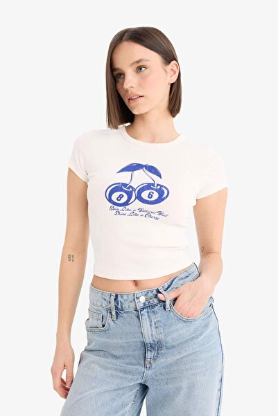 DeFacto Μπλουζάκι με κοντό μανίκι με ριμπ στάμπα με λαιμόκοψη Coool E8476AX25SP