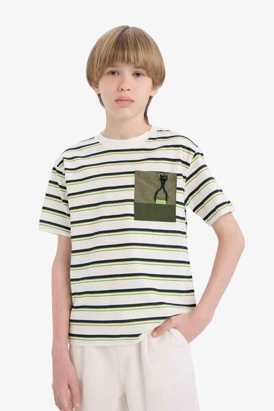 DeFacto Boy's Crew Neck Striped Pocket Detailed Short Sleeve T-Shirt E0965A825Sm