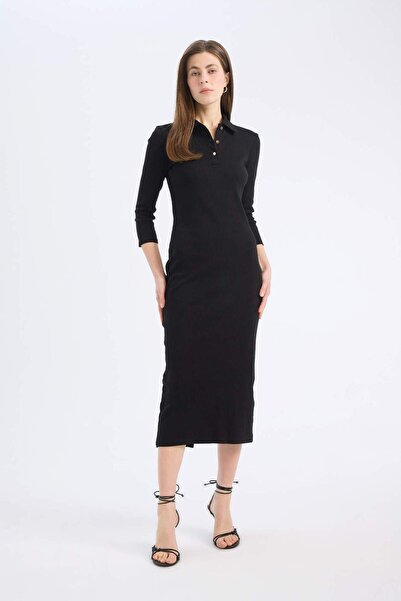 DeFacto Bodycon Vücudu Saran Polo Yaka Basic Düz Fitilli Kaşkorse Yarım Kollu Midi Elbise E2245AX25SP