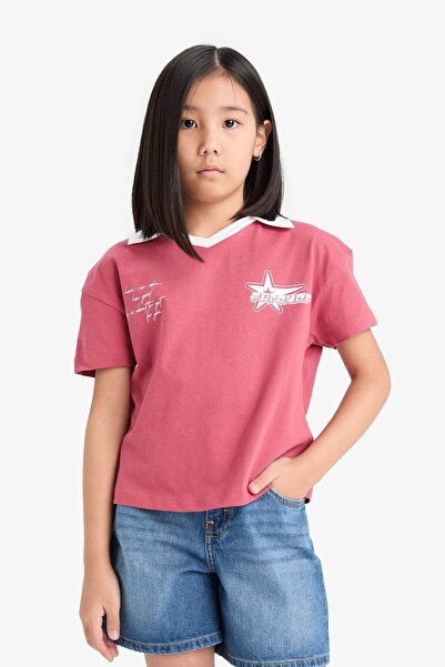 DeFacto Girl's Boxy Fit Polo Neck Printed Short Sleeve T-Shirt E1034A825Sm