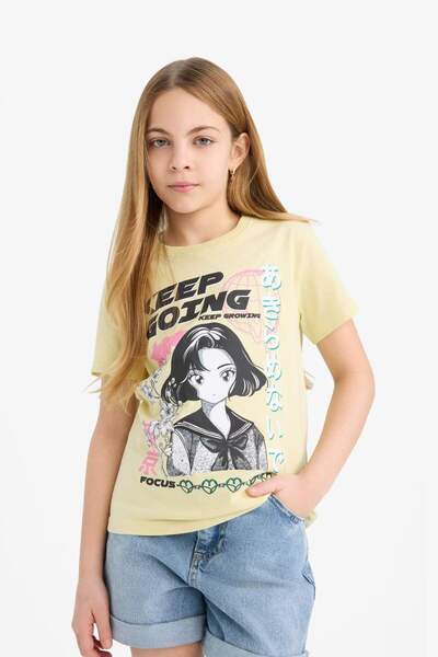 DeFacto Girl's Crew Neck Anime Printed Short Sleeve T-Shirt E0350A825Sm