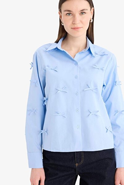 DeFacto Regular Fit Fiyonklu Poplin Uzun Kollu Gömlek Tunik F2724AX25SP