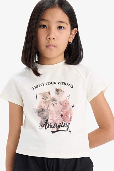DeFacto Girls' Fitted Crew Neck Printed Short Sleeve T-Shirt E1825A825Sm
