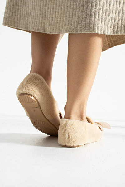 Moda Devrin Kadın Bej Fiyonk Kışlık Babet Ev ve Dış Mekan Ayakkabısı