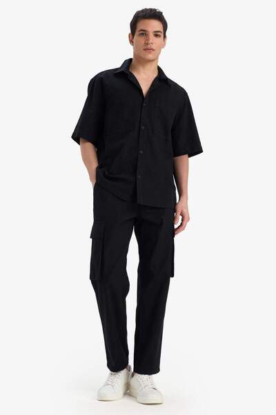 DeFacto %100 Pamuk Wide Leg Bol Rahat Kesim Kargo Cepli Keten Görünümlü Yazlık Pantolon B9407AX25SP