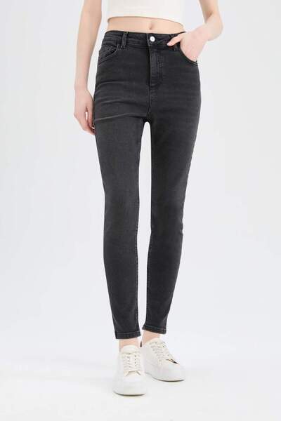 DeFacto Skinny Fit Vysoký pas Rovné nohavice Dlouhé Jean Snow Washed Kalhoty D6601AX25SP