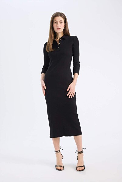 DeFacto Bodycon Vücudu Saran Polo Yaka Basic Düz Fitilli Kaşkorse Yarım Kollu Midi Elbise E2245AX25SP