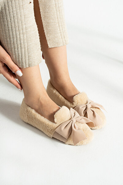 Moda Devrin Women's Beige Bow Winter Ballerina Shoes for Home and Outdoor