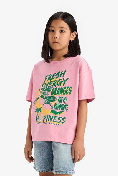 DeFacto Κοριτσίστικο μπλουζάκι με κοντό μανίκι με στάμπα με φαρδύ λαιμόκοψη E0386A825SM