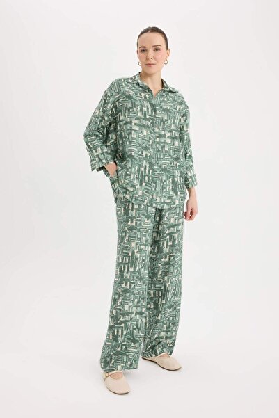 DeFacto Wide Leg Casual Pants Wide Loose Leg Patterned High Waist C4042Ax25Sp