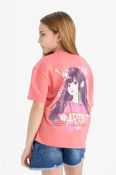 DeFacto Girl's Relax Fit Crew Neck Back Printed Short Sleeve T-Shirt E0387A825Sm