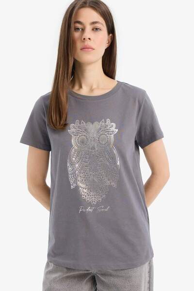 DeFacto Κοντομάνικο μπλουζάκι με χτενισμένο βαμβακερό μοτίβο κουκουβάγιας με κανονική εφαρμογή E5137AX25SM