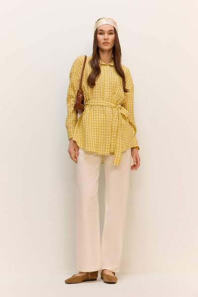 DeFacto Relax Fit Gingham Seersucker Textured Belted Long Sleeve Hijab Shirt Tunic E4558Ax25Sm