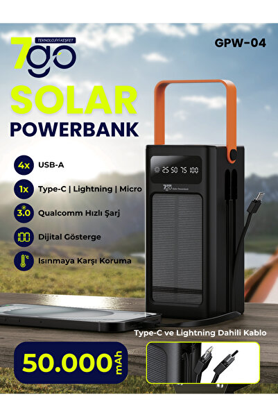 7GO GPW-04 50.000mAh Solar Powerbank – 4xUSB-A, Qualcomm 3.0 Hızlı Şarj, Dahi...