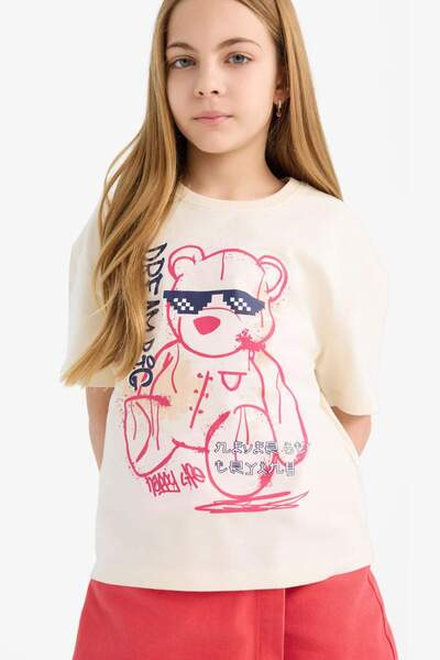 DeFacto Girl's Relax Fit Printed Crew Neck Short Sleeve T-Shirt E0389A825Sm