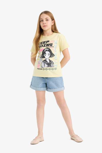 DeFacto Girl's Crew Neck Anime Printed Short Sleeve T-Shirt E0350A825Sm