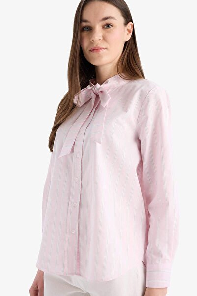 DeFacto Relax Fit Fiyonk Yaka Çizgili Simli Kumaş Uzun Kollu Tesettür Gömlek Tunik E7976AX25SM