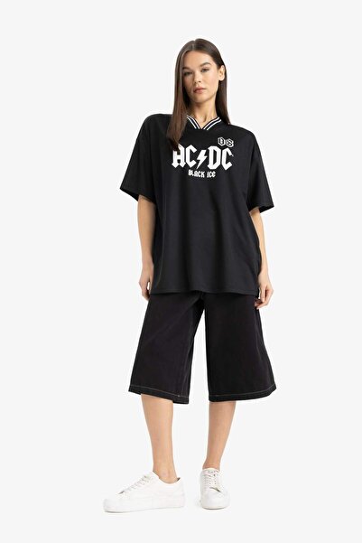 DeFacto Cool AC/DC Oversize Μπλουζάκι με κοντό μανίκι με στάμπα με λαιμόκοψη V E6137AX25SM
