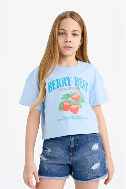 DeFacto Kız Çocuk Bisiklet Yaka Baskılı Kısa Kollu Tişört E0384A825SM