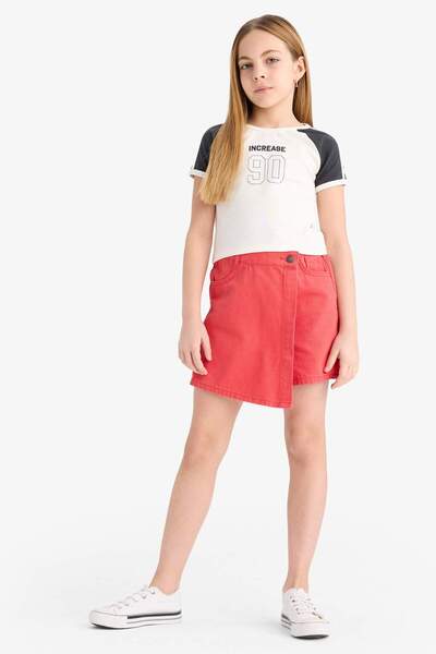DeFacto Girl's Crew Neck Printed Ribbed Short Sleeve T-Shirt E1036A825Sm