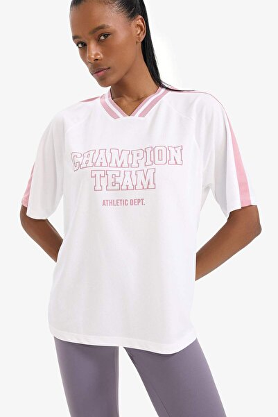 DeFacto Tricou cu mânecă scurtă pentru sport, cu decolteu în V, cu imprimeu pe spate, DeFactoFit D6249AX25SP