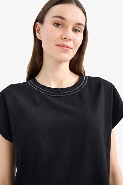 DeFacto Crew Neck Basic Plain Flared Cotton Short Sleeve Black T-Shirt E1159Ax25Sm
