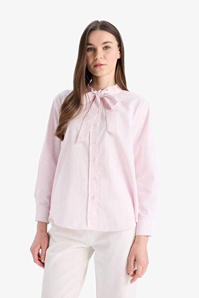 DeFacto Relax Fit Fiyonk Yaka Çizgili Simli Kumaş Uzun Kollu Tesettür Gömlek Tunik E7976AX25SM