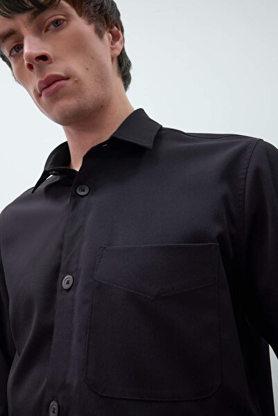 DeFacto Regular Fit Polo Yaka Basic Düz Gofre Uzun Kollu Siyah Gömlek D8713AX25SP