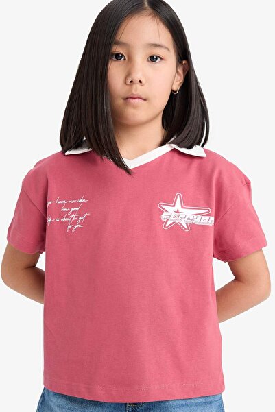 DeFacto Girl's Boxy Fit Polo Neck Printed Short Sleeve T-Shirt E1034A825Sm
