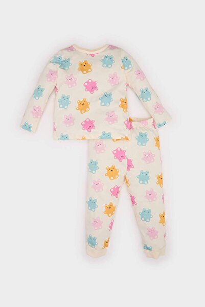 DeFacto Baby Girl Pajamas Set Bear Printed Long Sleeve Combed Cotton Top Elastic Waist Long Bottom E9602A525Sp