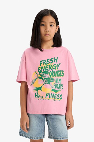 DeFacto Κοριτσίστικο μπλουζάκι με κοντό μανίκι με στάμπα με φαρδύ λαιμόκοψη E0386A825SM