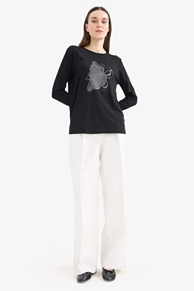 DeFacto Regular Fit Rundhalsausschnitt Glitzer bedrucktes Langarm-T-Shirt E7123AX25SM