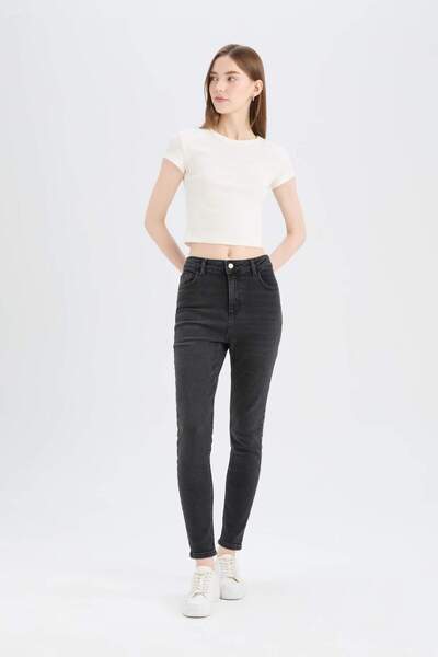 DeFacto Skinny Fit Vysoký pas Rovné nohavice Dlouhé Jean Snow Washed Kalhoty D6601AX25SP