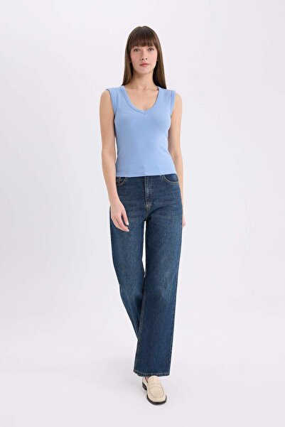 DeFacto Tricou cu nervuri slim fit slim cu decolteu în V E5779AX25SP