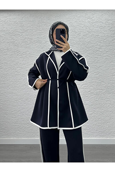 Miraydın Butik Γυναικείο Παντελόνι Scuba με ρέλι Σετ Δύο Τεμάχια M52806 - Ναυτικό Μπλε