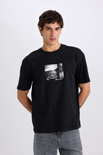 DeFacto Μπλουζάκι με κοντό μανίκι με στάμπα με λαιμόκοψη 100% βαμβακερό Boxy Fit E1723AX25SM