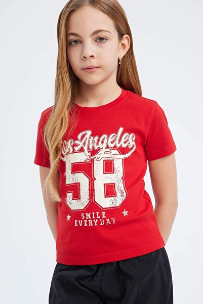 DeFacto Girl's Slim Fit Slim Fit Crew Neck Printed Ribbed Short Sleeve T-Shirt E0366A825Sm