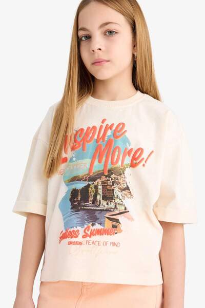 DeFacto Girl's Oversize Wide Fit Crew Neck Printed Short Sleeve T-Shirt E4406A825Sm
