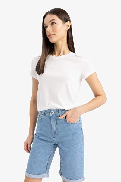 DeFacto Figurbetontes Basic-T-Shirt mit Rundhalsausschnitt, einfarbig, kurzärmelig, weiß, E7953AX25SM