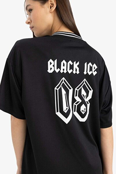 DeFacto Cool AC/DC Oversize Μπλουζάκι με κοντό μανίκι με στάμπα με λαιμόκοψη V E6137AX25SM