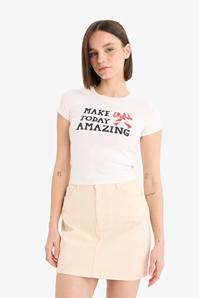 DeFacto Tricou cu mânecă scurtă cu nervuri, cu decolteu, cu imprimeu, E7988AX25SP