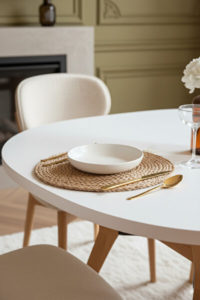 Woodenbend Mavenna Natural Beyaz Lake Oval Masa Takımı 80x130 4 Kayın Ahşap Sandalyeli Modern İskandinav