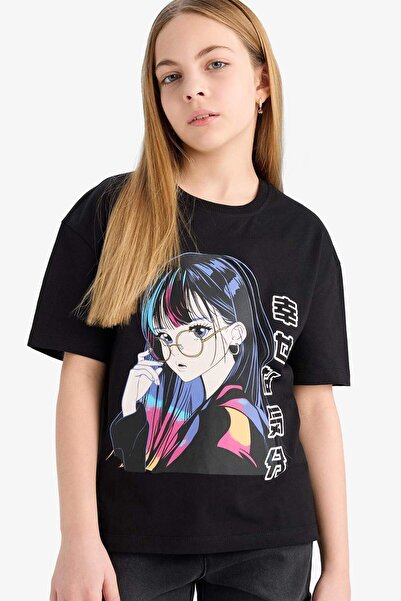 DeFacto Girls Relax Fit Crew Neck Printed Short Sleeve T-Shirt E0389A825Sm