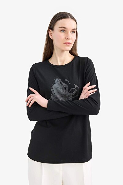 DeFacto Regular Fit Rundhalsausschnitt Glitzer bedrucktes Langarm-T-Shirt E7123AX25SM