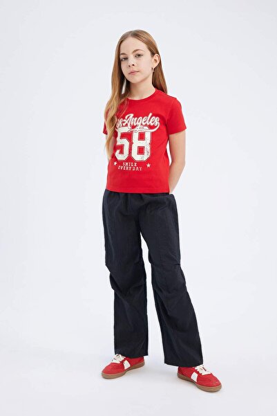 DeFacto Girl's Slim Fit Slim Fit Crew Neck Printed Ribbed Short Sleeve T-Shirt E0366A825Sm