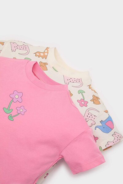 DeFacto Zweiteiliges Kurzarm-T-Shirt aus bedruckter gekämmter Baumwolle mit Rundhalsausschnitt für Neugeborene, Mädchen, E7946A525SM