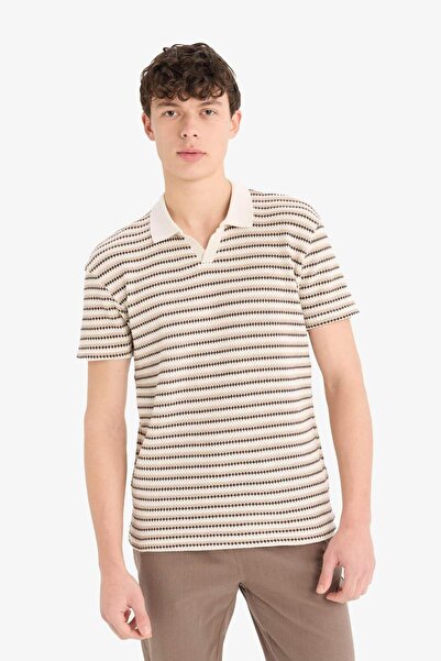 DeFacto Regular Fit Polo Neck Striped Textured Short Sleeve T-Shirt D7249Ax25Sp