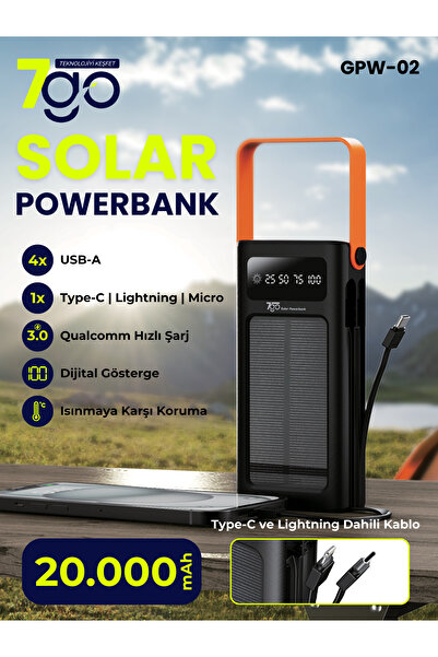 7GO GPW-02 20.000mAh Solar Powerbank – 4xUSB-A, Qualcomm 3.0 Hızlı Şarj, Dahi...