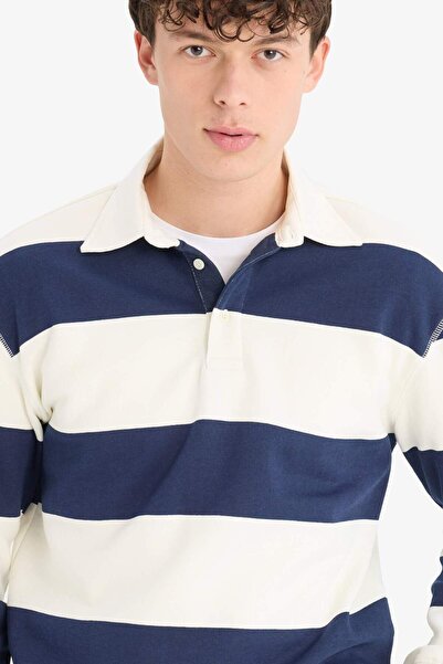 DeFacto Relax Fit Polo Yaka Çizgili Kalın Sweatshirt D7478AX25SP