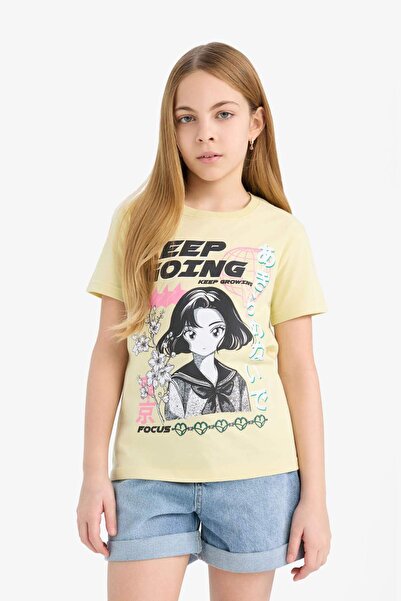 DeFacto Girl's Crew Neck Anime Printed Short Sleeve T-Shirt E0350A825Sm